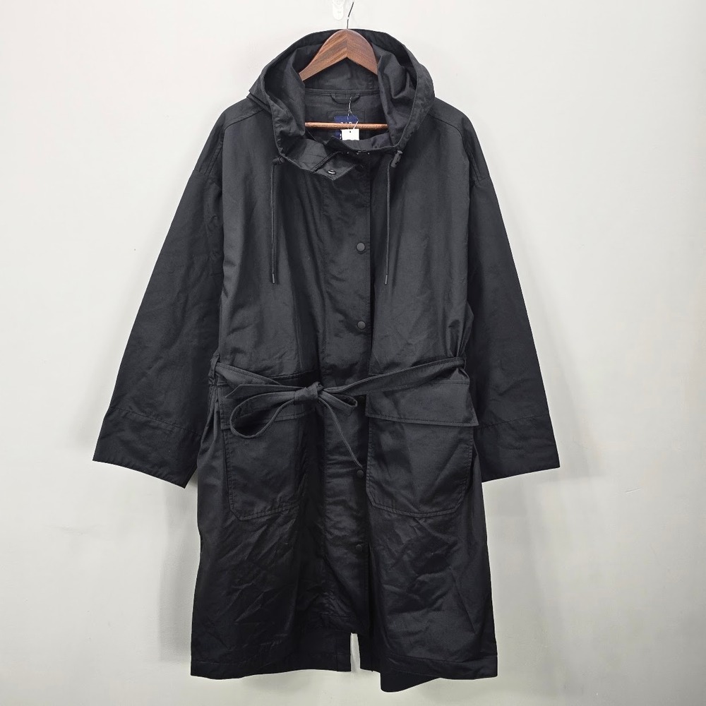 Gap Oversized Parka Rain Jacket Women's L Black Nylon Hooded Belted Longline NWT